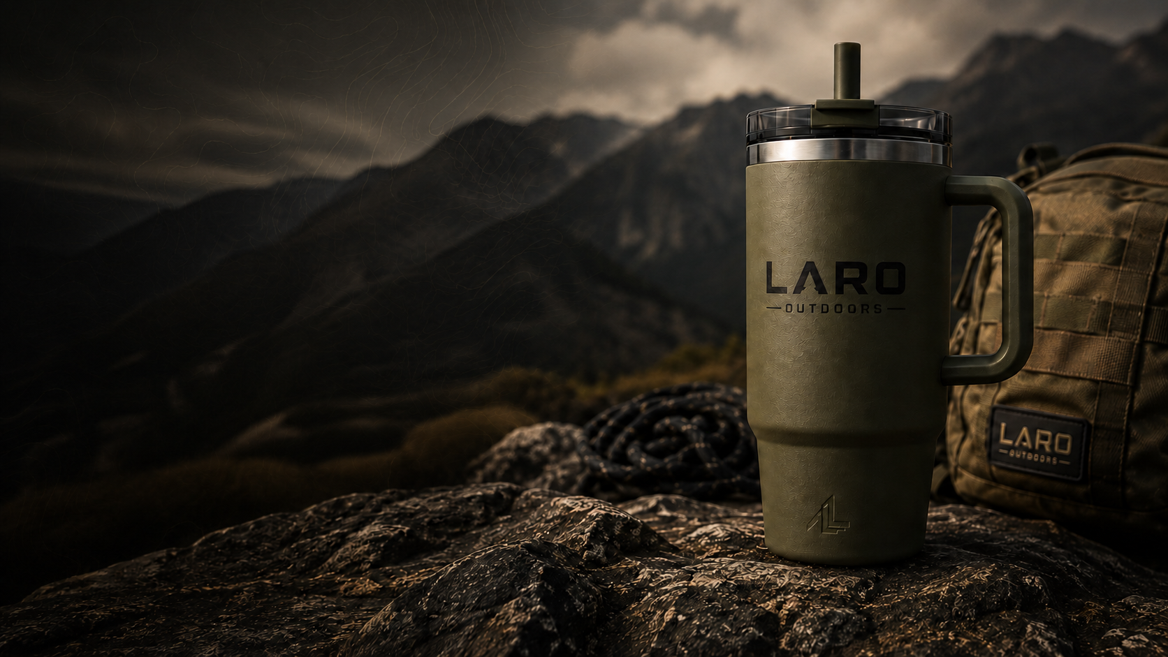 Olive LARO tumbler and branded backpack in a rugged mountain landscape